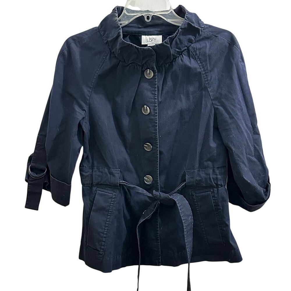 Ann Taylor LOFT Navy Button-Up Utility Jacket 3/4 Sleeve Stand Up Collar 6